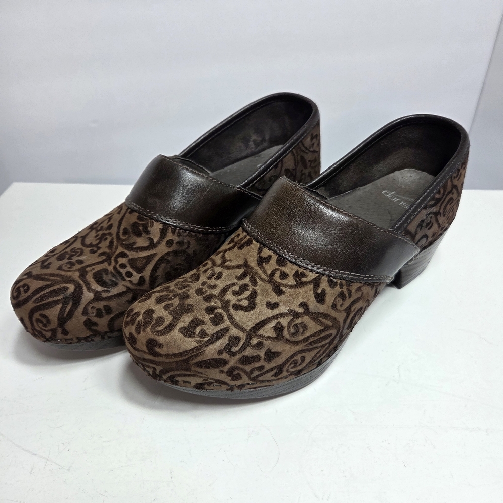 dansko brown leather burnout suede studded wedge clog nurse shoes sz 38 7.5-8